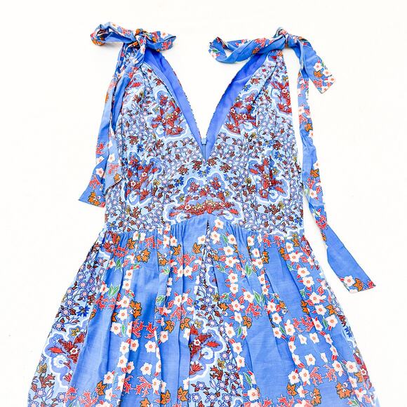 Sandro Blue Floral Print Crepe Patterned Layered Midi Sleeveless Dress SIze 36 - Picture 2 of 6